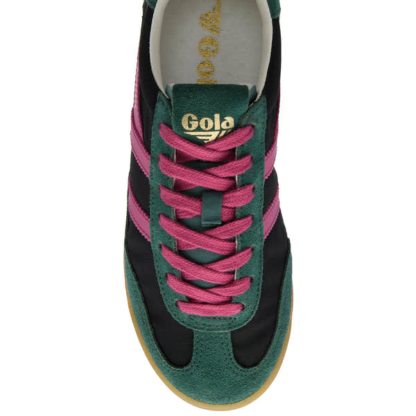 Gola CLB577 Firefly women's black, pine, and fuchsia leather and textile lace-up trainers with pink laces and gum outsole.