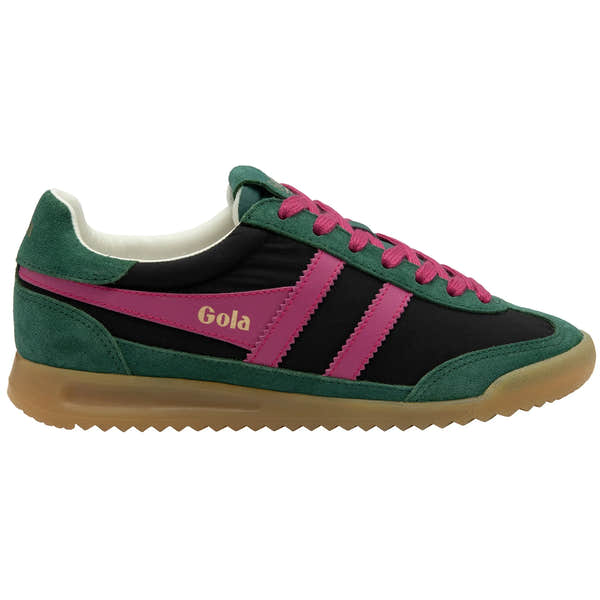 Gola CLB577 Firefly women's black, pink, and green leather and textile lace-up sneakers with gum sole.