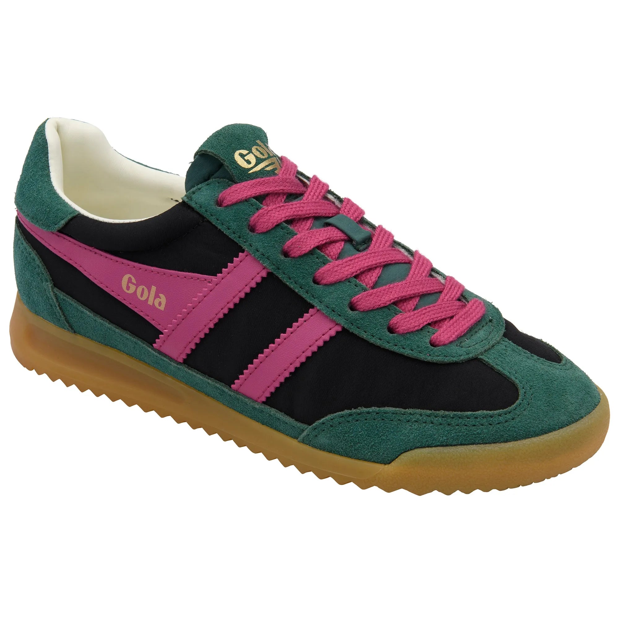 Gola CLB577 Firefly women's black, pine, and fuchsia leather and textile lace-up trainers with gum sole.