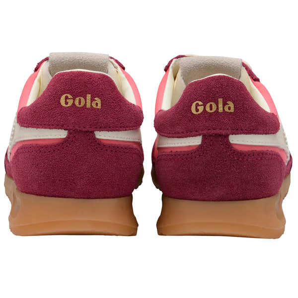 Gola CLB577 Firefly ladies' bubblegum, cerise, off-white leather and textile lace-up trainers, back view.
