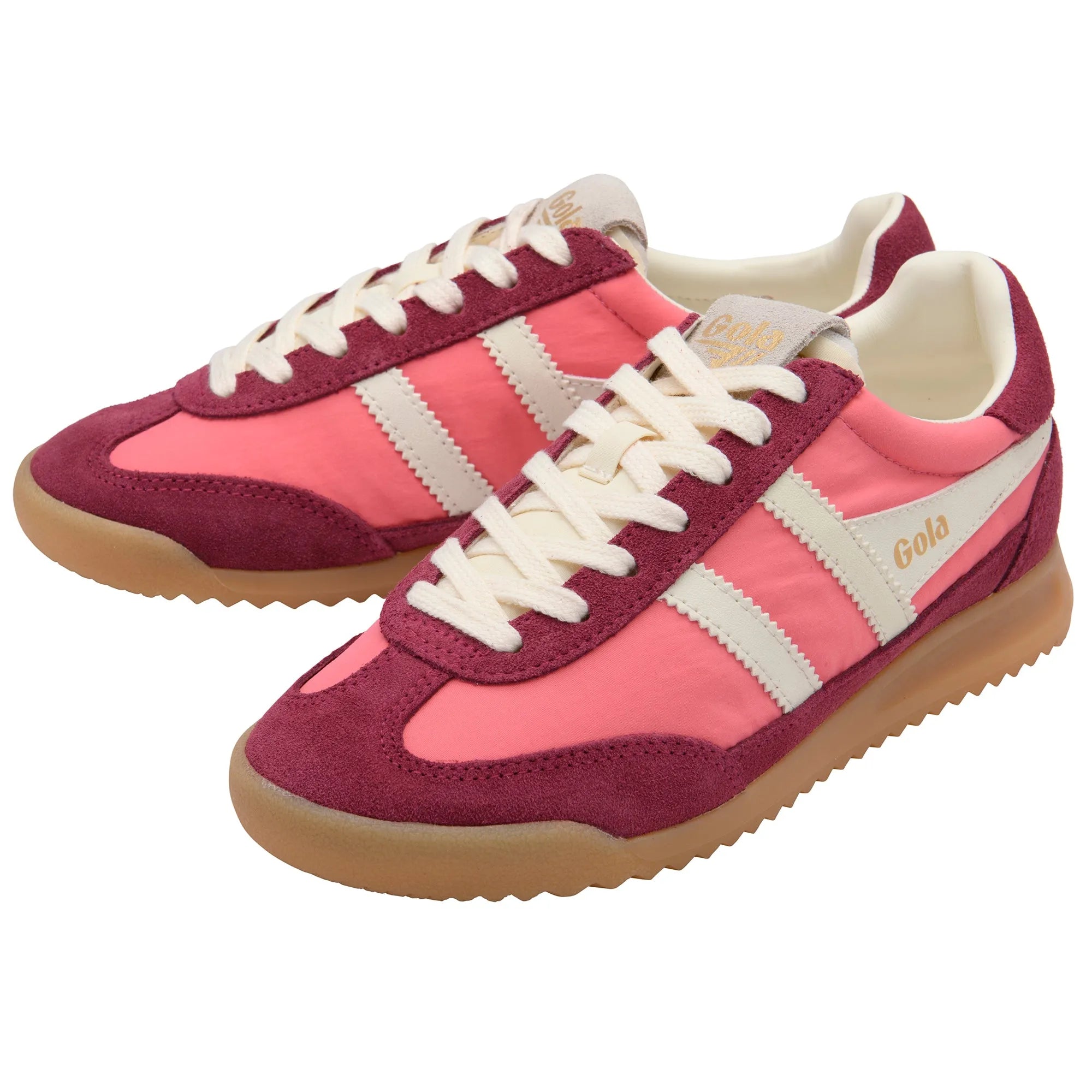 Gola CLB577 Firefly women's lace-up trainers in pink, cerise, off-white suede and textile with gum rubber sole.