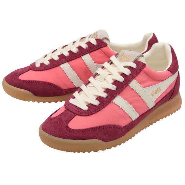 Gola CLB577 Firefly women's lace-up trainers in pink, cerise, off-white suede and textile with gum rubber sole.