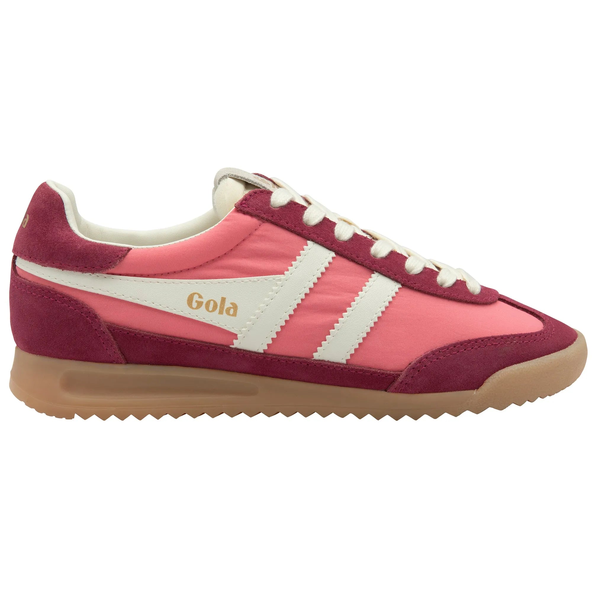 Gola CLB577 Firefly women's lace-up trainers in pink, off white, and burgundy leather and textile with gum sole.