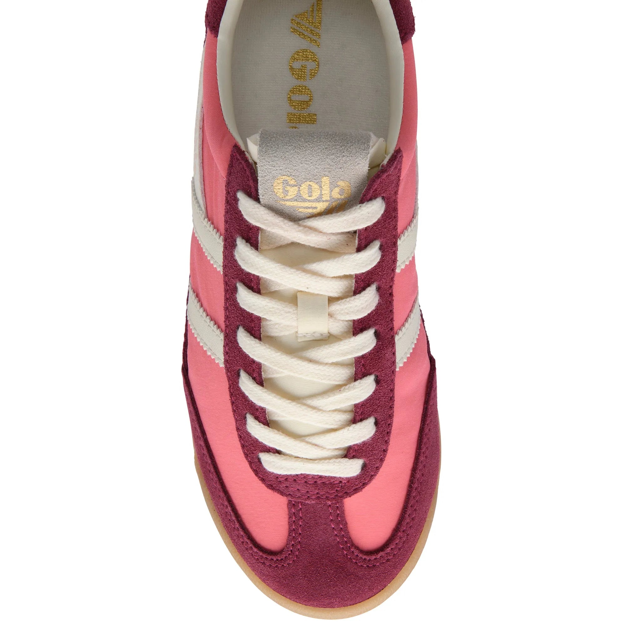 Gola CLB577 Firefly women's lace-up trainers in bubblegum, cerise, off-white leather and textile with white laces and contrasting accents.