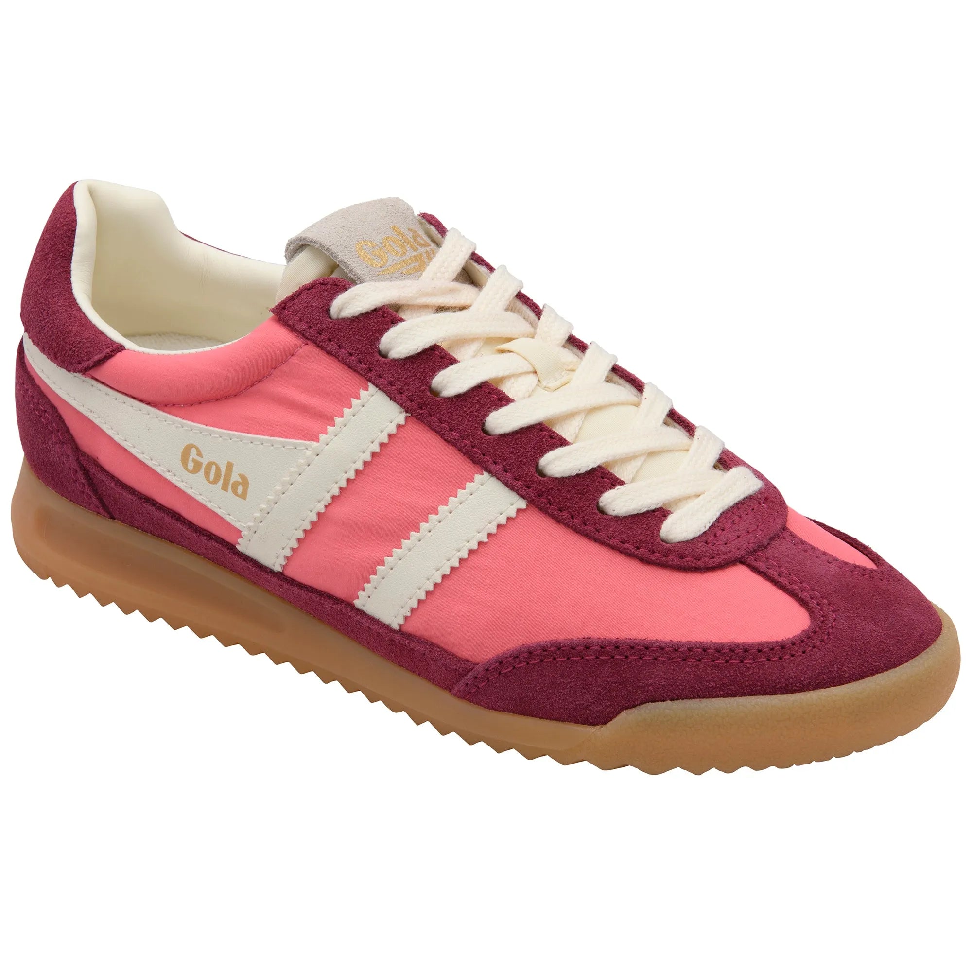 Gola CLB577 Firefly women's lace-up trainers in bubblegum pink, off-white leather and textile, with gum sole and decorative white stripes.