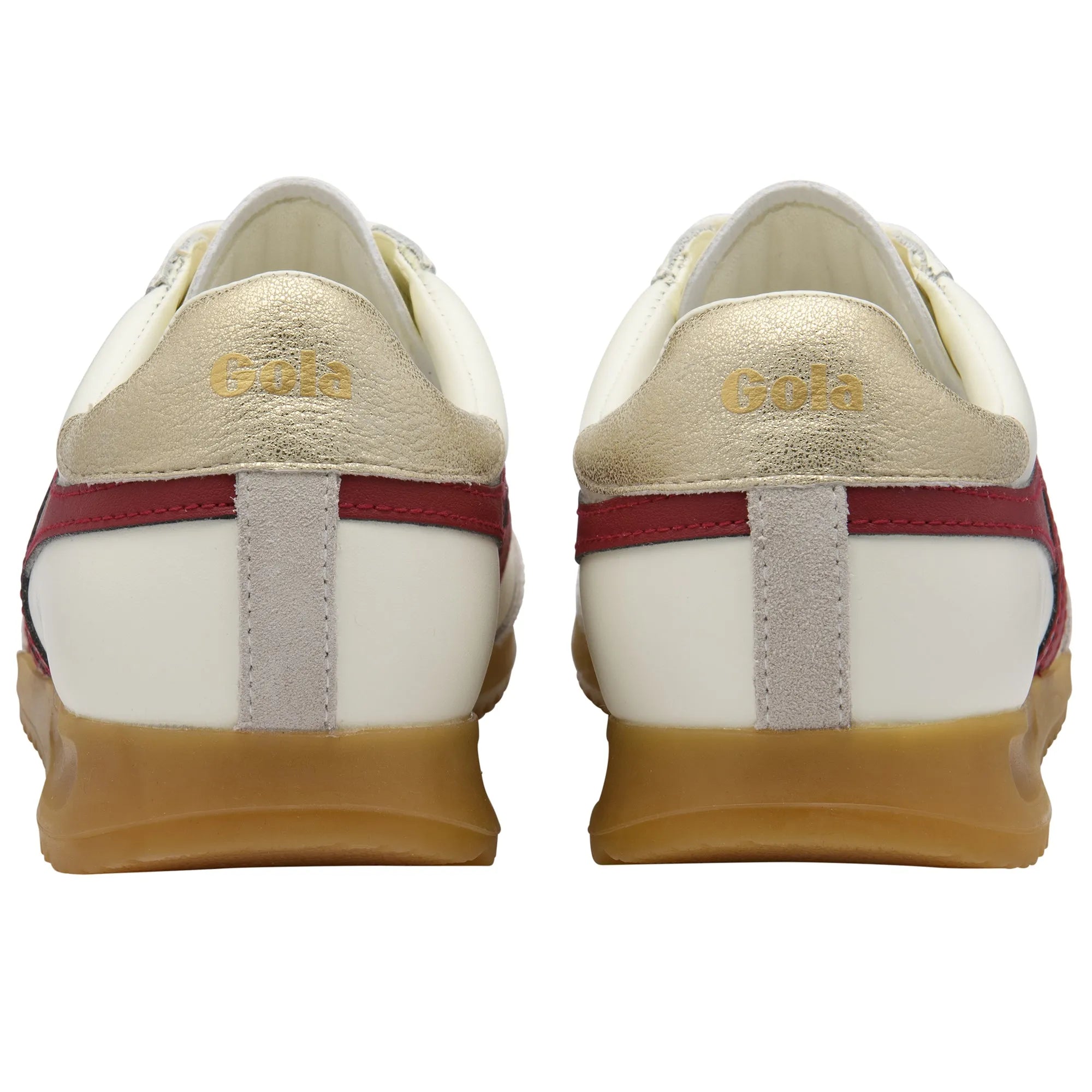 Gola CLB622 leather lace-up trainers for women in off-white, deep red, and gold with gum sole design.