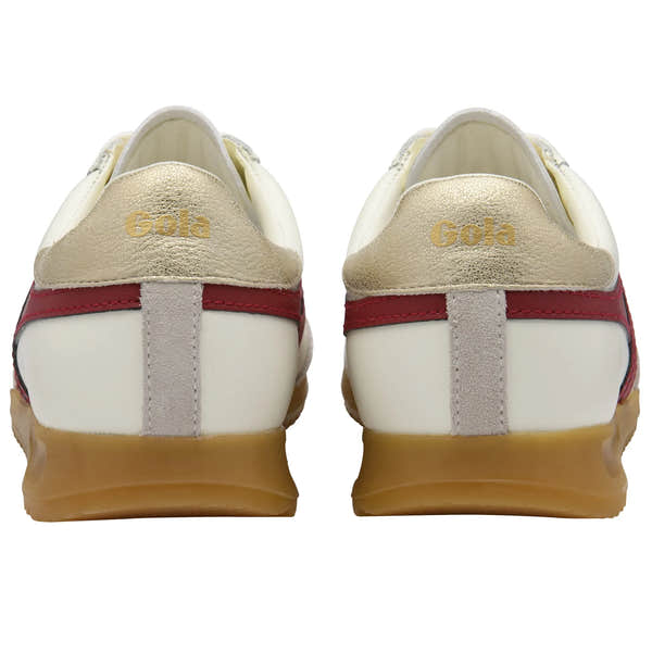 Gola CLB622 leather lace-up trainers for women in off-white, deep red, and gold with gum sole design.