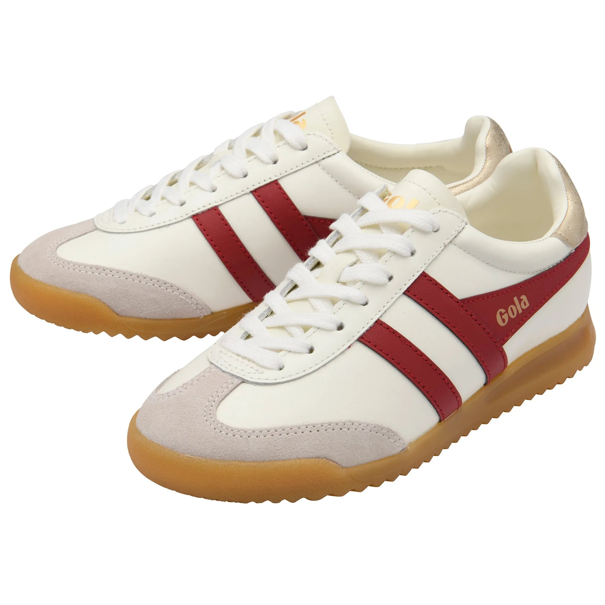Gola CLB622 leather ladies' off-white and deep red lace-up trainers with gold accents and gum sole.