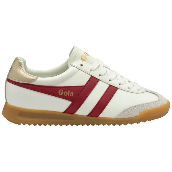 Gola CLB622 leather women's trainers in off white, deep red and gold, with lace-up design and gum sole.