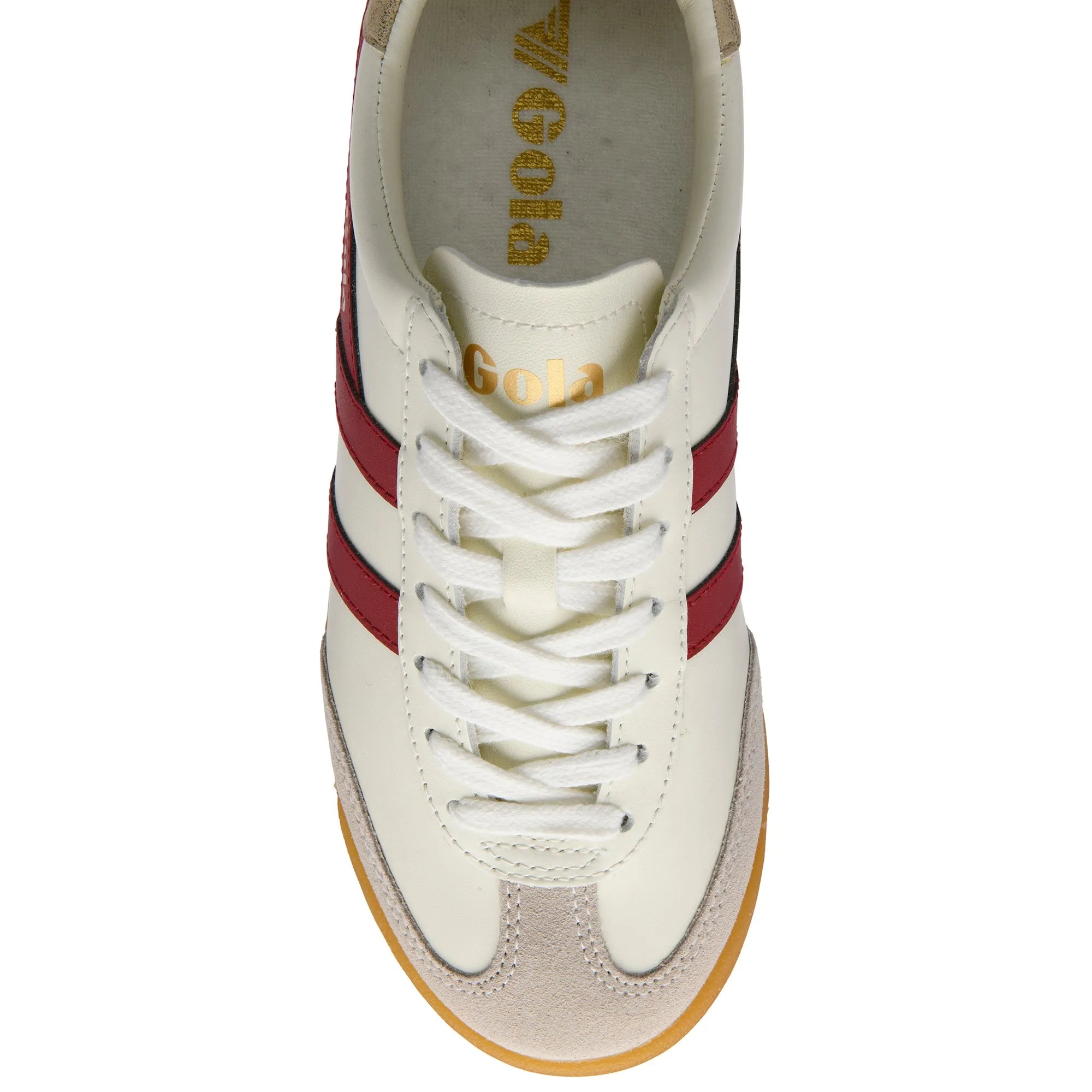 Gola CLB622 torpedo leather ladies trainers in off-white, red, gold, with lace-up design and leather accents.