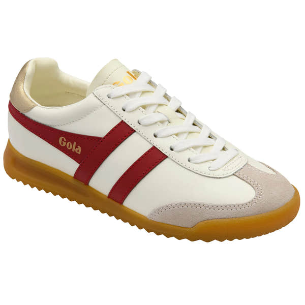 Gola CLB622 leather ladies trainers with off-white, deep red, and gold accents, lace-up design, and gum sole.