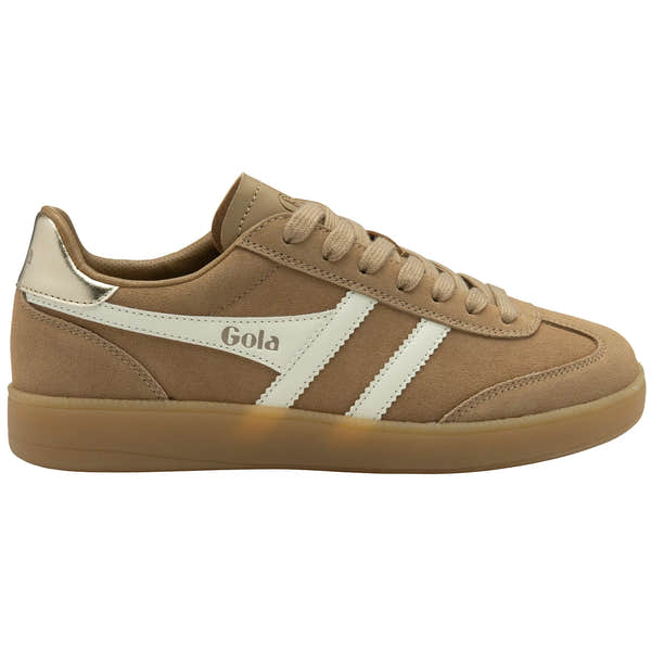 Gola CLB735 Viper women's light caramel, off-white, gold, and gum leather lace-up trainers with stylish design.