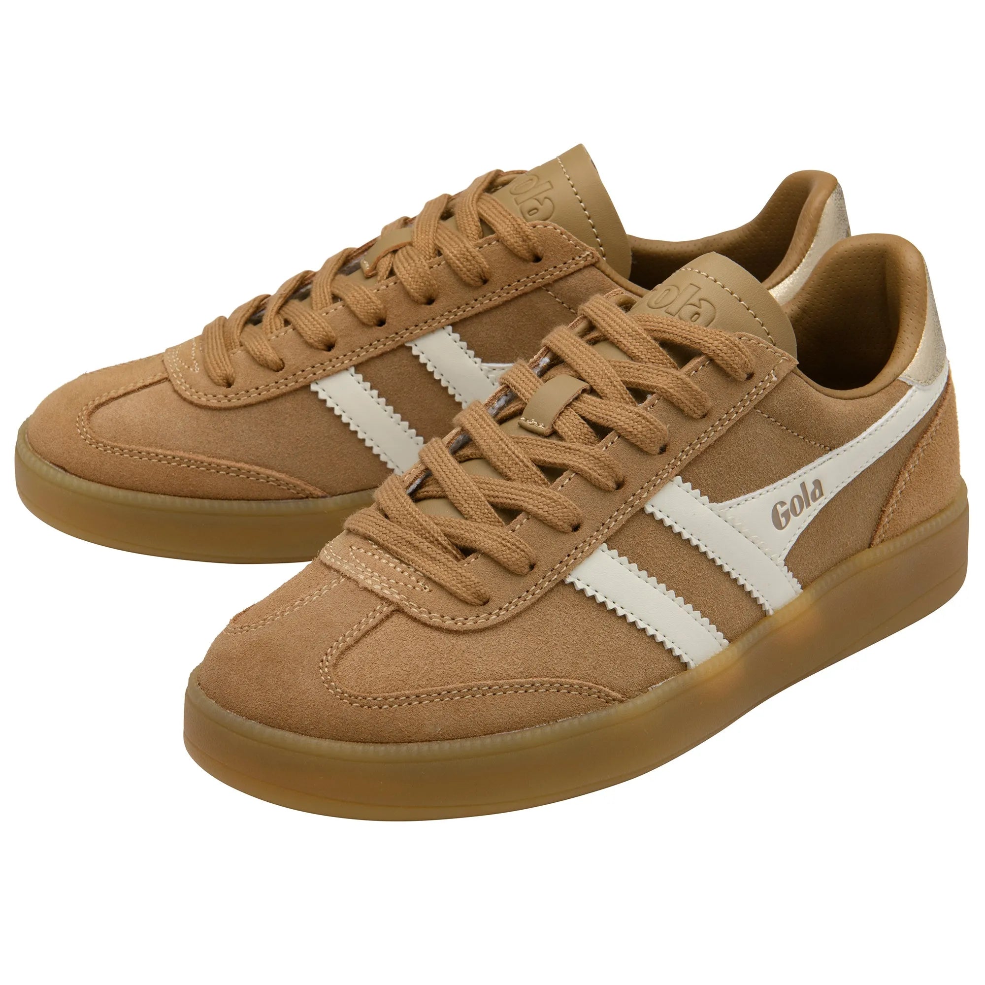 Gola CLB735 Viper Ladies trainers in light caramel, off white, gold, and gum leather with lace-up design and rubber sole.