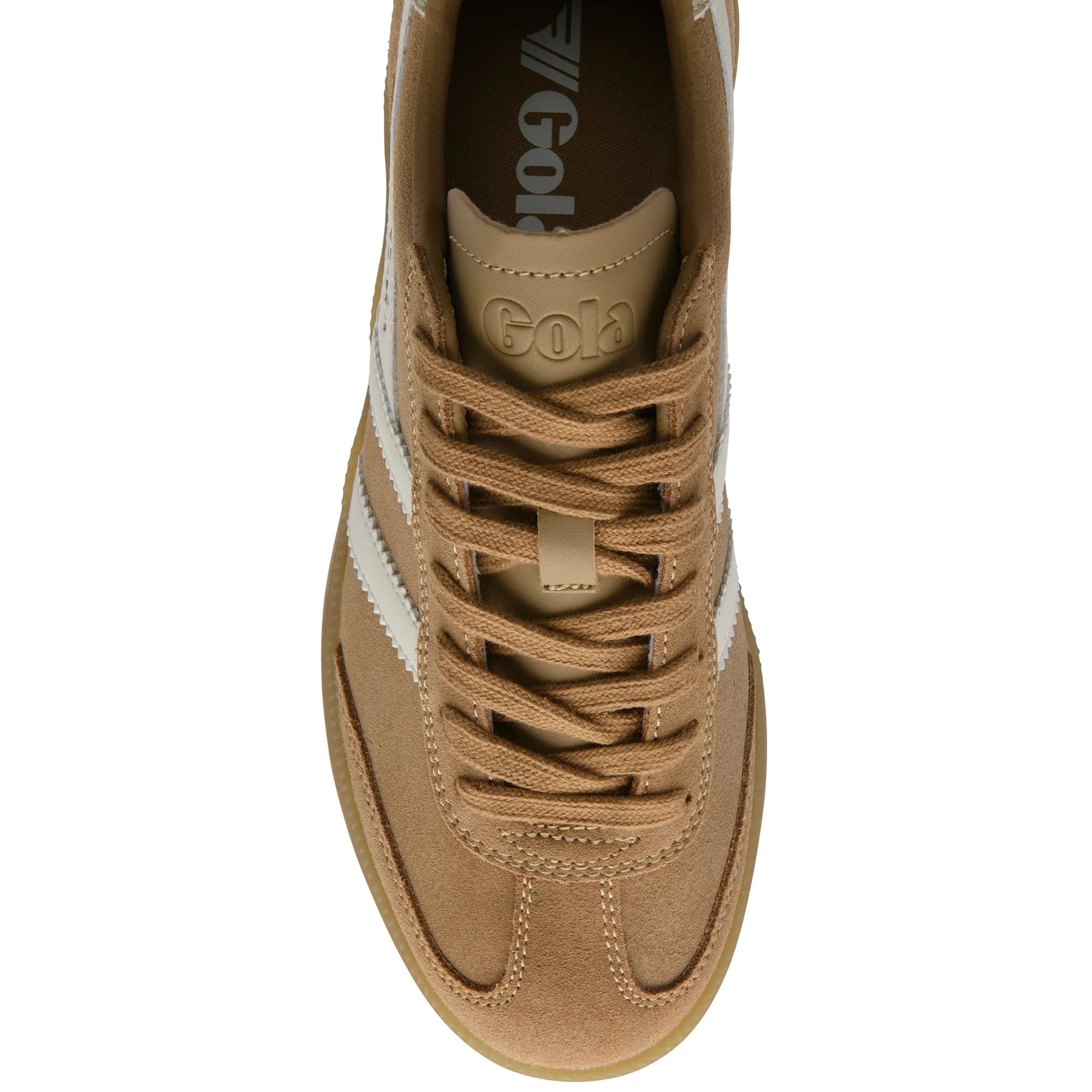 Gola CLB735 Viper ladies' light caramel, off white, gold, and gum leather lace-up trainers, stylish and comfortable footwear.