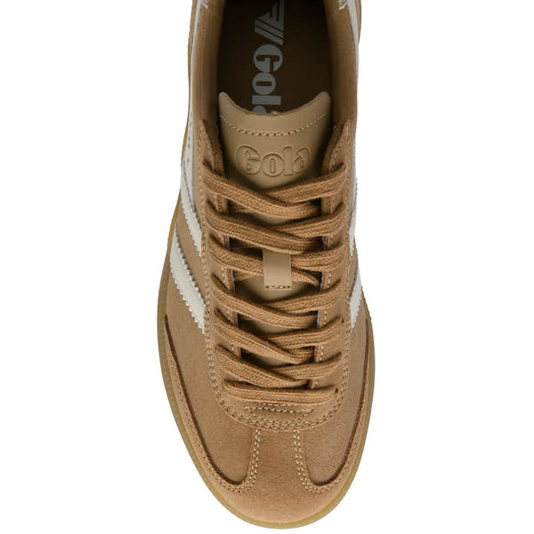 Gola CLB735 Viper ladies' light caramel, off white, gold, and gum leather lace-up trainers, stylish and comfortable footwear.