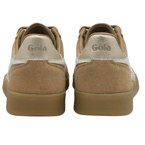 Gola CLB735 Viper Ladies Leather Lace-Up Trainers in light carmel, off-white, gold, and gum colors, with suede and mesh details.