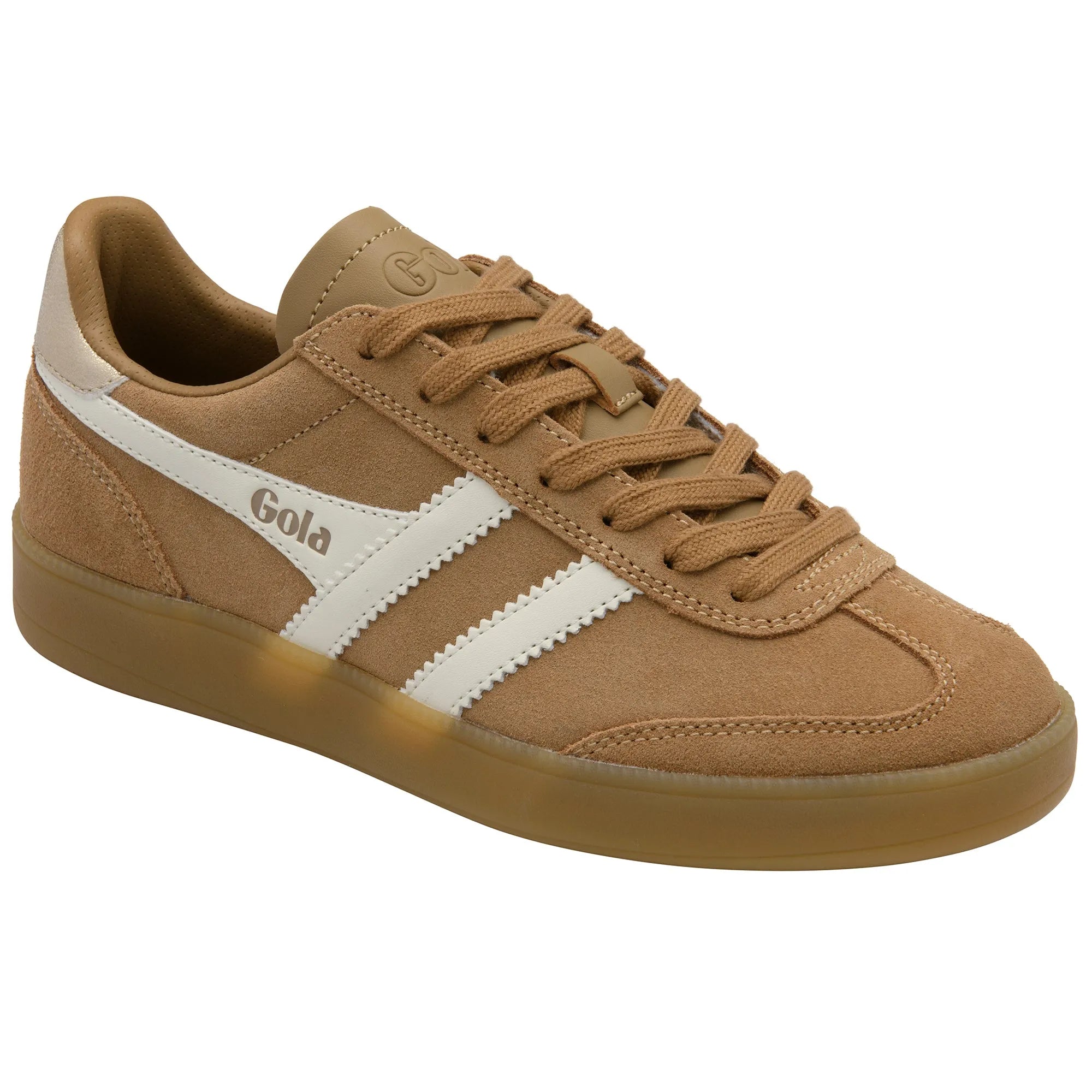 Gola CLB735 Viper women's light caramel, off-white, gold, and gum leather lace-up trainers with sporty design.