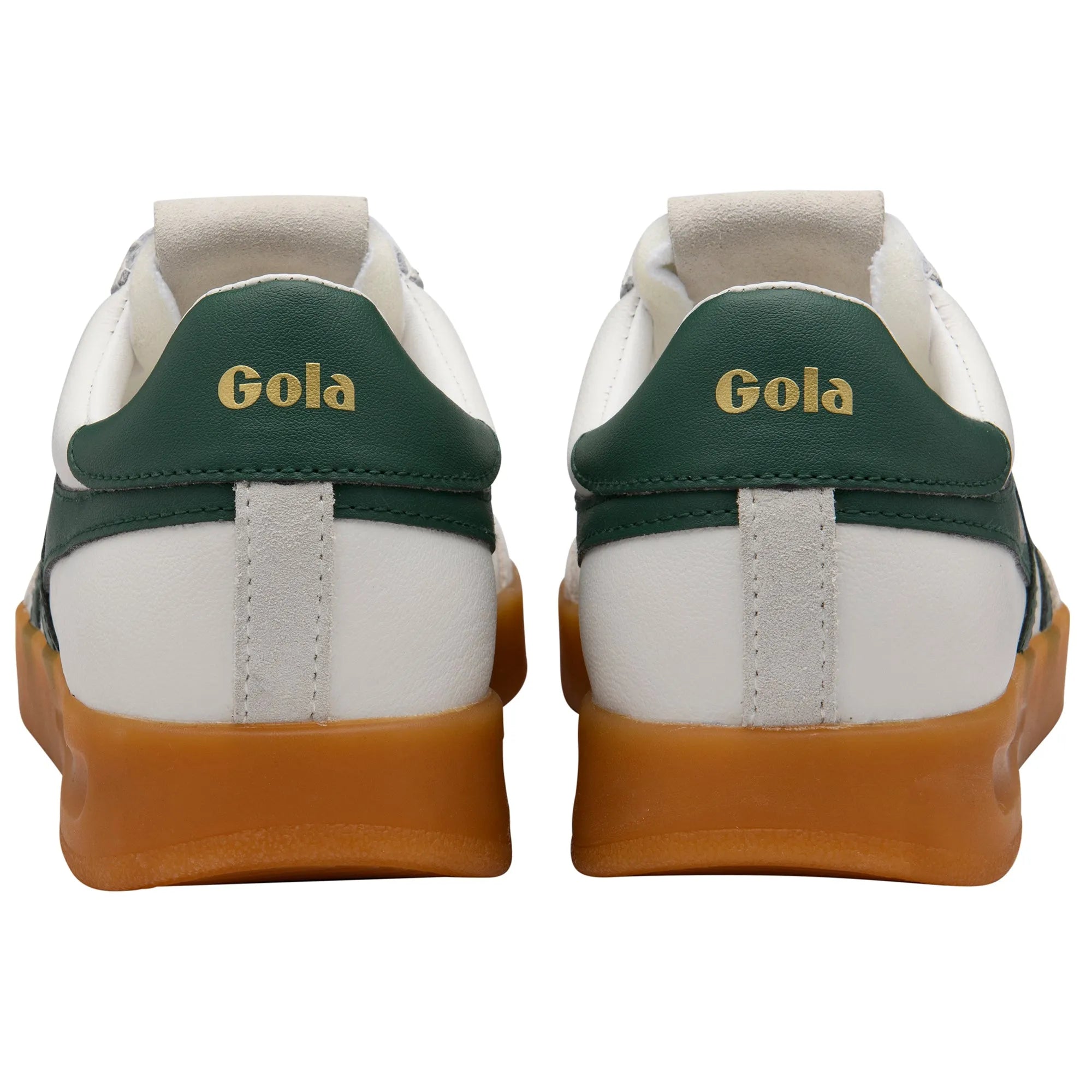 Gola CLB743 Cyclone Leather Ladies Trainers with white, evergreen, and gum leather, lace-up design, and cushioned sole.