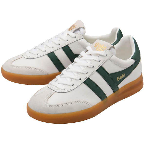 Gola CLB743 Cyclone leather women's white, evergreen, and gum lace-up trainers with green accents and rubber sole.