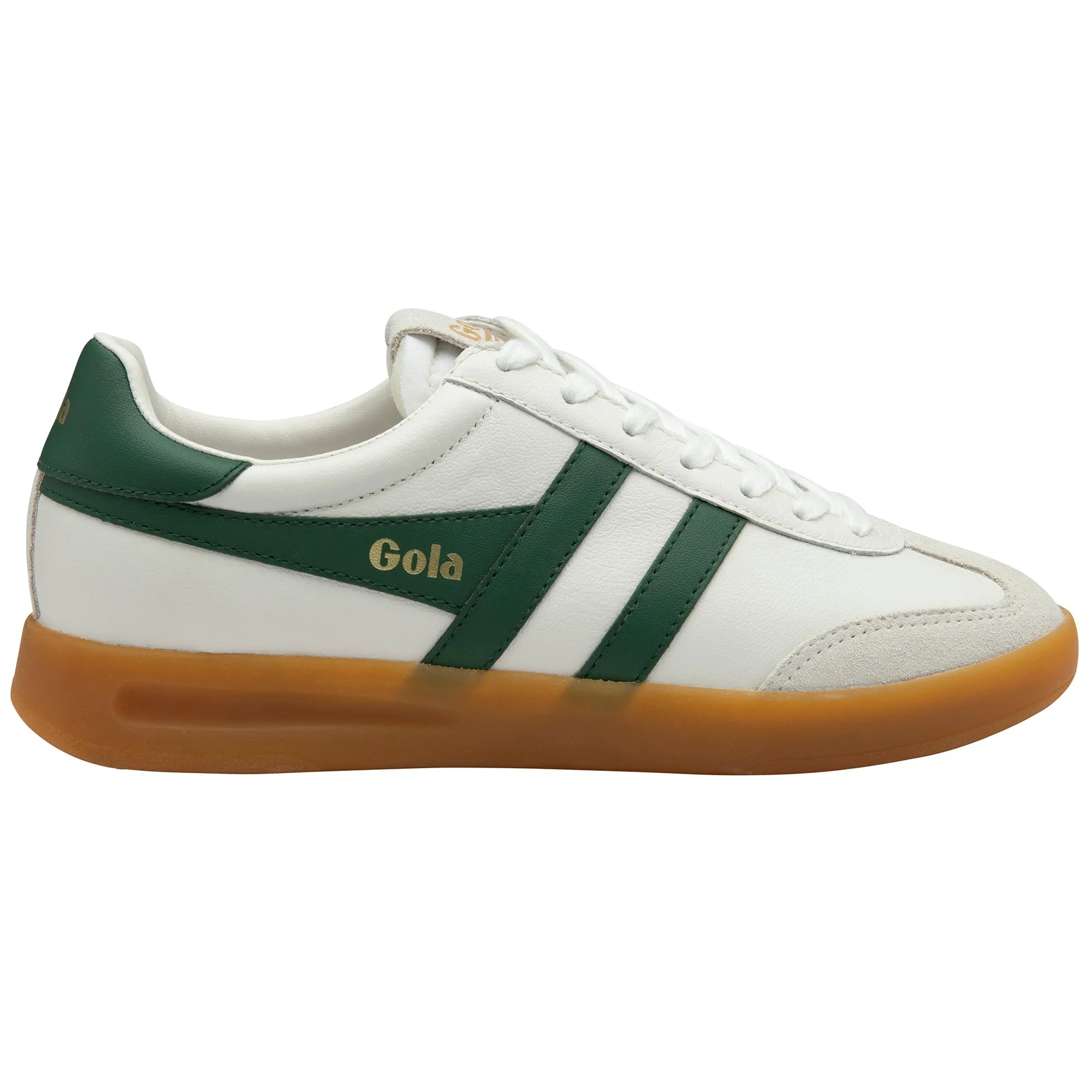 Gola CLB743 Cyclone leather women's sneakers in white, green accents, gum sole, lace-up design.