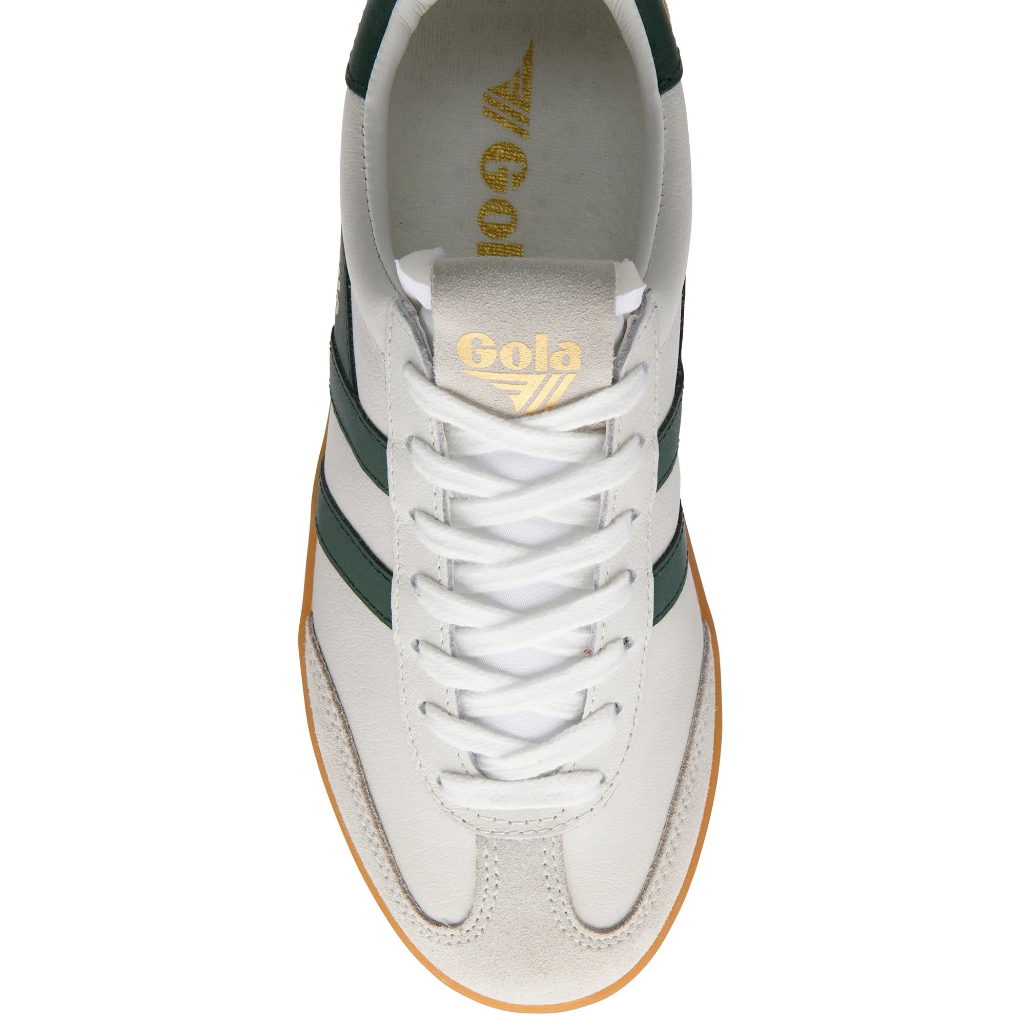 Gola CLB743 Cyclone leather women's trainers in white, evergreen, and gum with lace-up design.