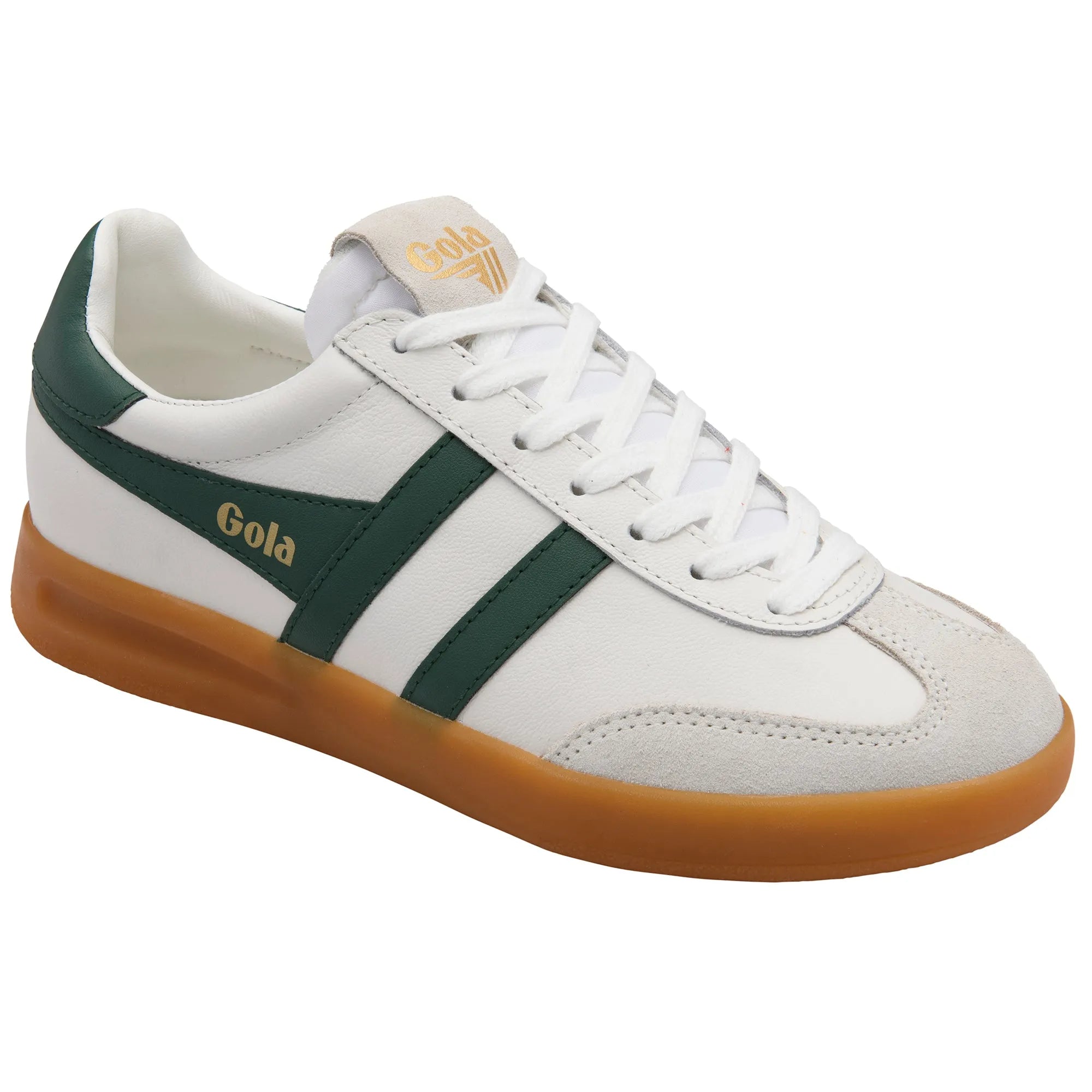 Gola CLB743 Cyclone women's leather sneakers in white, green accents, gum sole, lace-up athletic design.