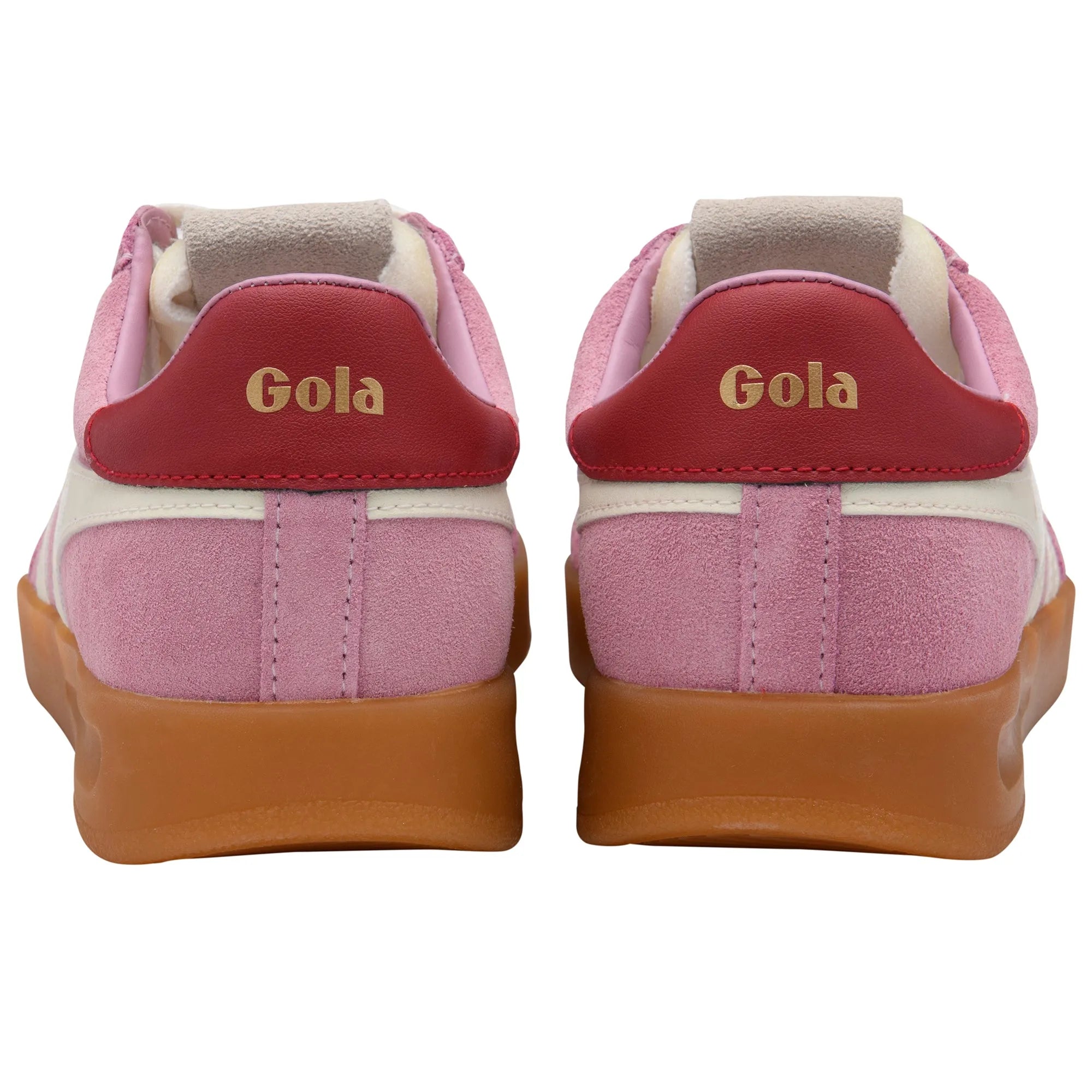 Gola CLB762 Cyclone Ladies trainers in off-white, pink, deep red leather lace-up sneakers with gum sole and brand logo detail.