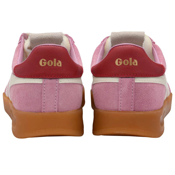 Gola CLB762 Cyclone Ladies trainers in off-white, pink, deep red leather lace-up sneakers with gum sole and brand logo detail.