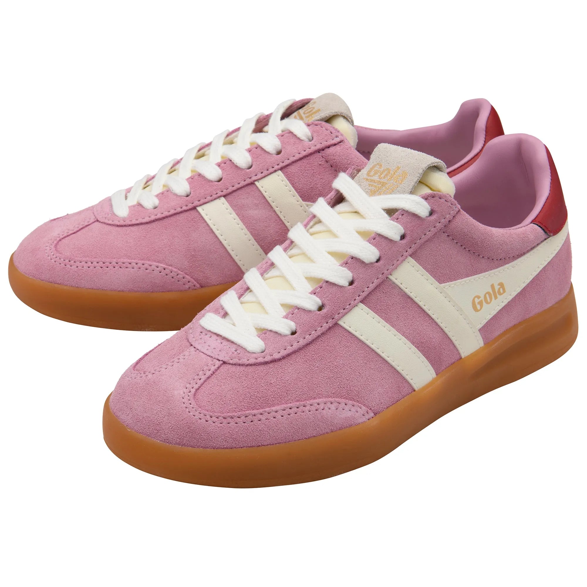 Gola CLB762 Cyclone Ladies trainers in off white, deep red, and candy pink with gum sole and lace-up design.