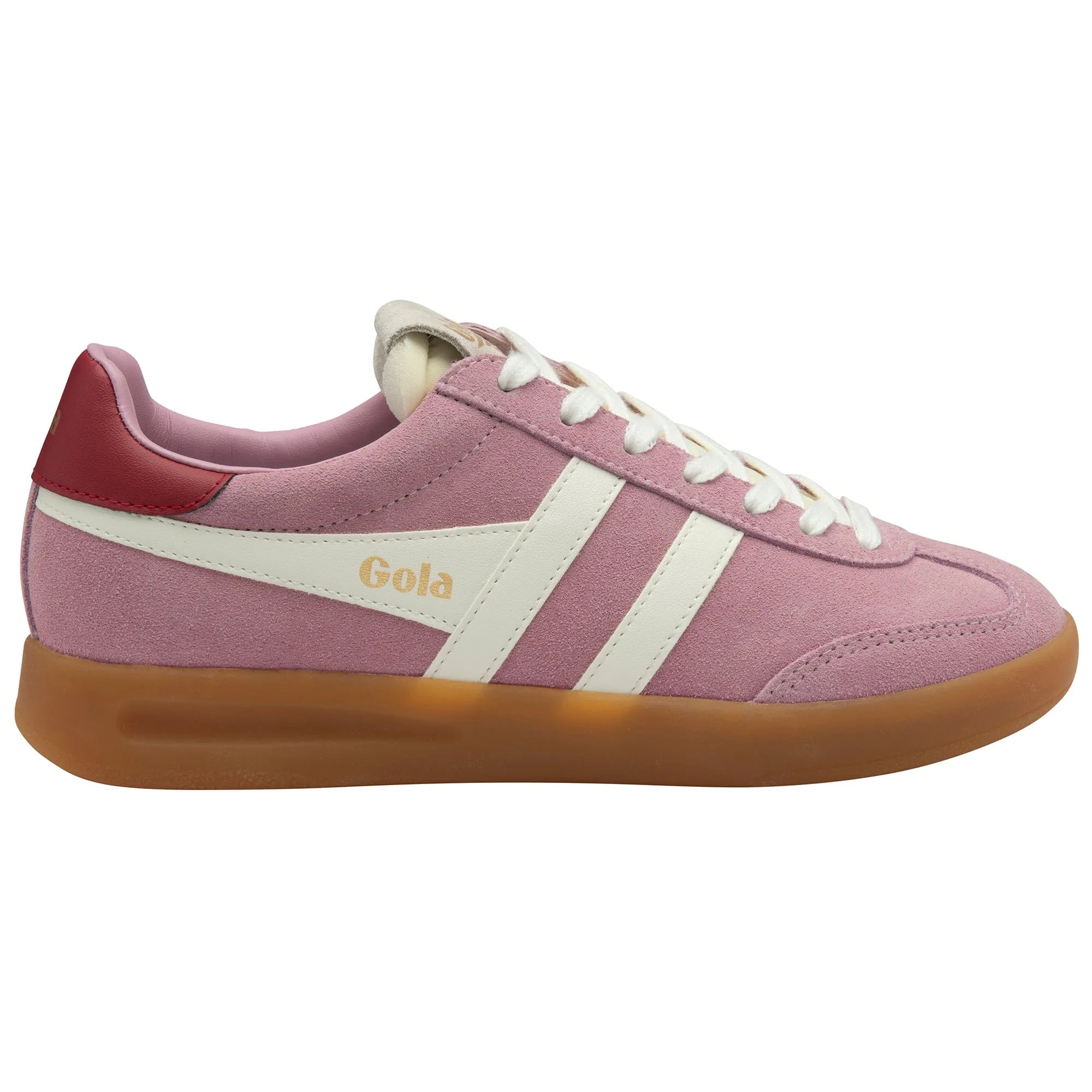 Gola CLB762 Cyclone women's pastel pink sneakers with off-white accents, gum leather laces, and a tan rubber sole.