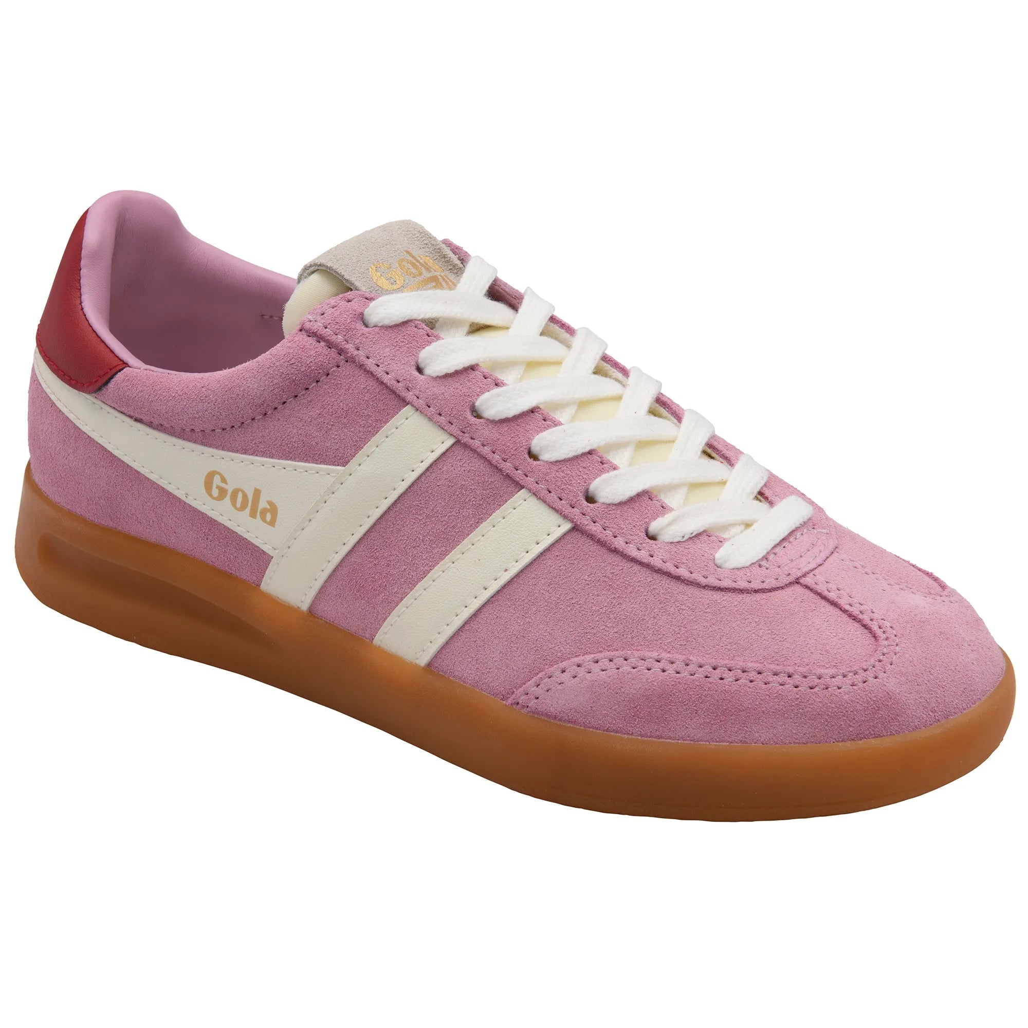 Gola CLB762 Cyclone ladies casual sneakers in candy pink, off-white with deep red accents, gum leather laces, and rubber sole.