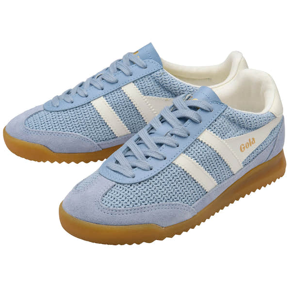 Gola CLB768 Tornado Zephyr ladies' off-white and light blue leather and textile lace-up trainers with gum sole.