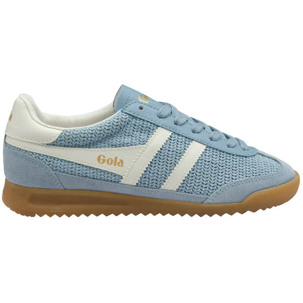 Gola CLB768 Tornado Zephyr ladies lace-up trainers in off-white leather and blue textile with gum sole.