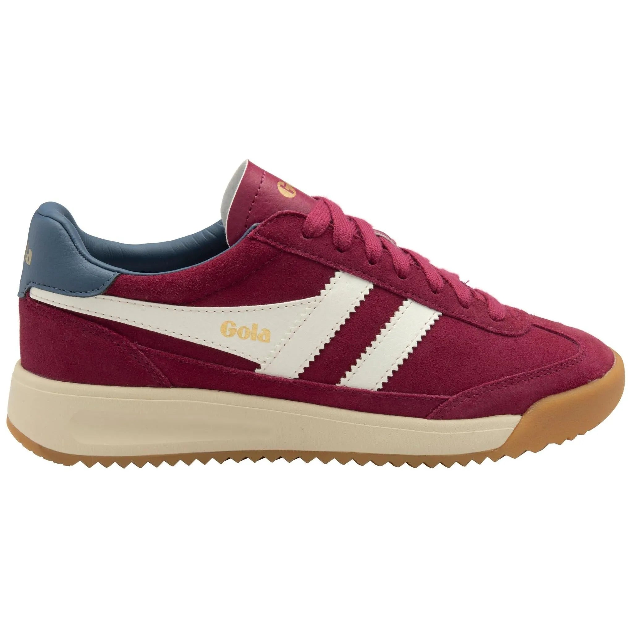 Gola CLB781 Tornado 88 ladies' lace-up trainers in cerise, off-white, and moonlight leather, with gum sole and sporty design.