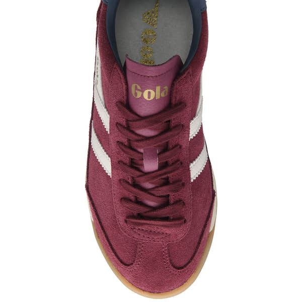 Gola CLB781 Tornado 88 ladies leather lace-up trainers in cherry, off-white, and moonlight with stylish details and gum sole.