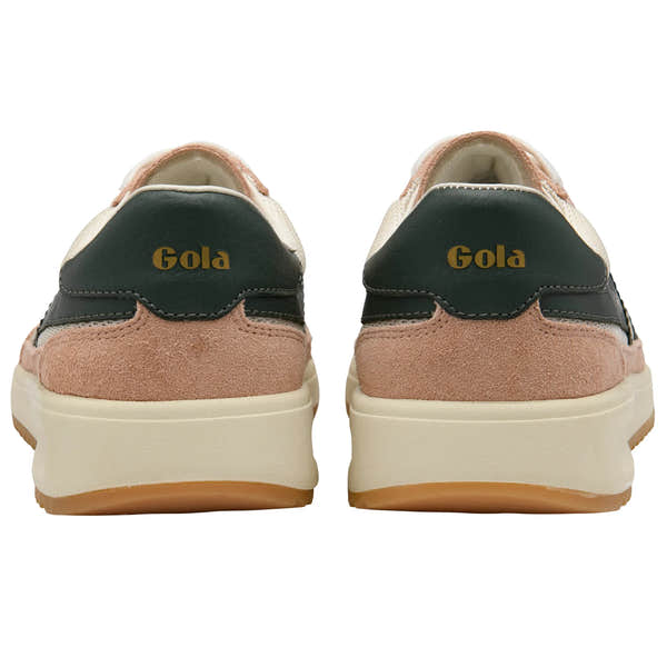Gola CLB782 Tornado 88 Mesh ladies sneakers in off-white, cameo, and dark khaki with leather and textile upper, lace-up design.