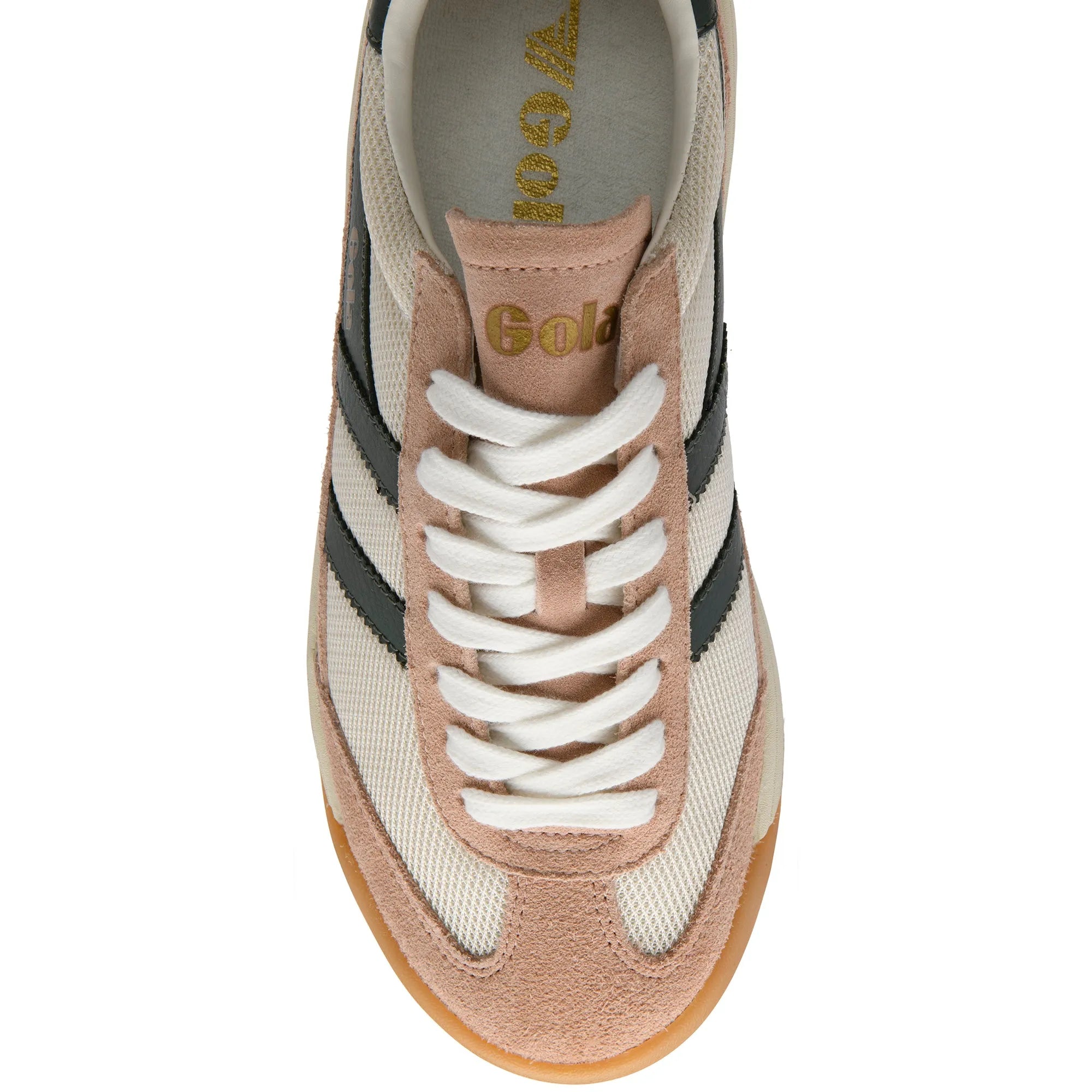 Gola CLB782 Tornado 88 mesh women’s off-white, cameo, dark khaki lace-up sneakers with leather and textile construction.