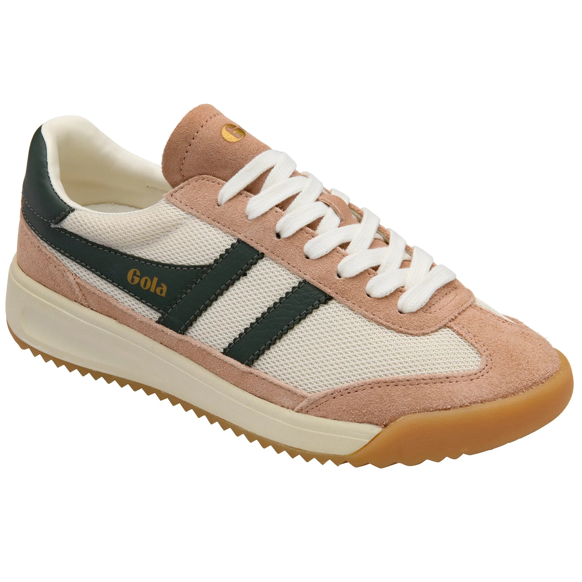 Gola CLB782 Tornado 88 mesh ladies' off-white, cameo, and dark khaki lace-up trainers with leather and textile upper.