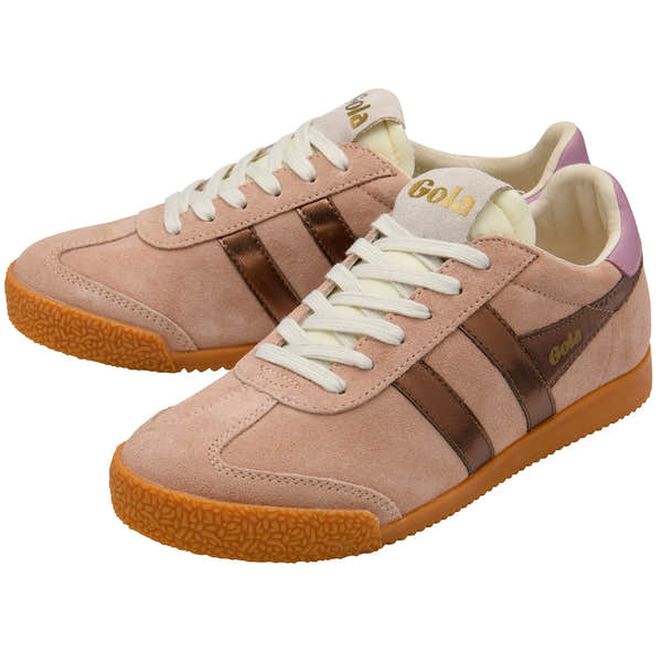 Gola CLB790 Elan Glitz ladies' lace-up trainers in cameo, bronze, and candy leather with textile accents and rubber sole.