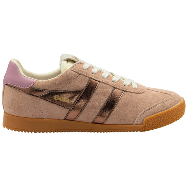 Gola CLB790 Elan Glitz ladies lace-up trainers in cameo, bronze, and candy leather with textile accents and gum sole.