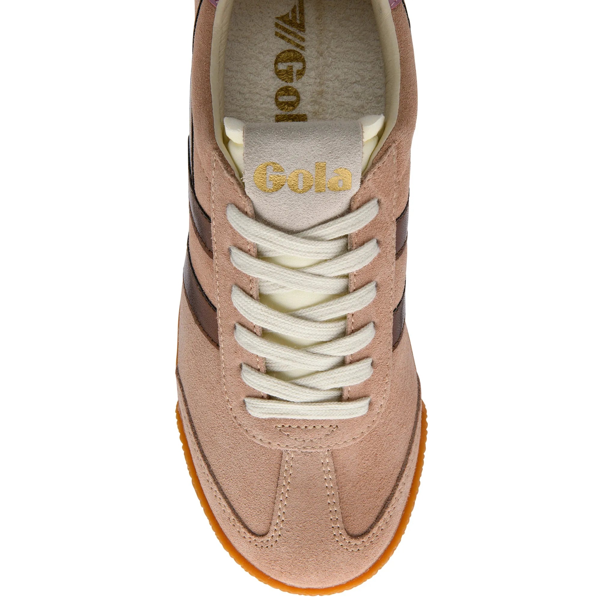 Gola CLB790 Elan Glitz ladies lace-up trainers in cameo, bronze, and candy leather with textile details and white laces.