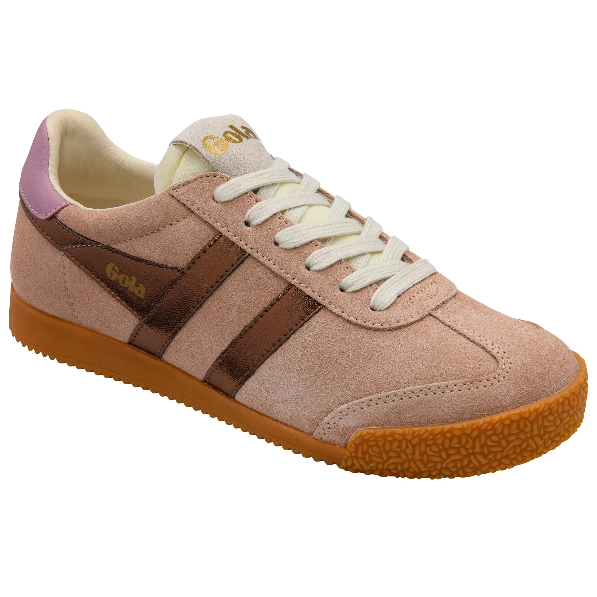 Gola CLB790 Elan Glitz ladies trainers in cameo, bronze, and candy leather with textile accents, lace-up design, and rubber sole.