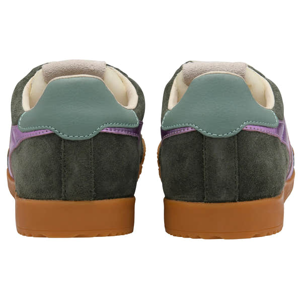 Gola CLB790 Elan Glitz ladies trainers with dark khaki, lilac, and green mist leather and textile, lace-up sneakers, cushioned heel.