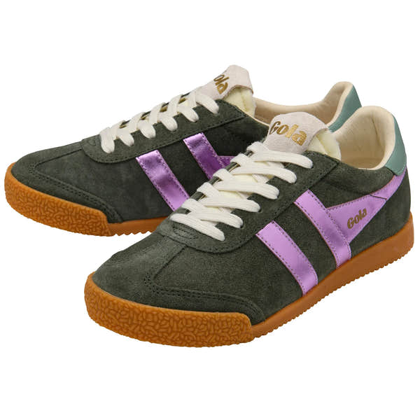 Gola CLB790 Elan Glitz women's trainers, dark khaki with lilac and green accents, leather and textile, lace-up sneakers.