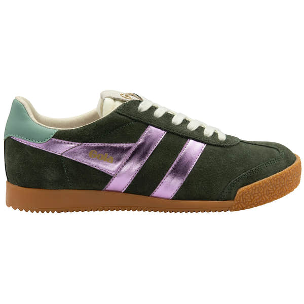 Gola CLB790 Elan Glitz women's lace-up trainers with dark khaki, lilac, green mist leather and textile upper, rubber sole.