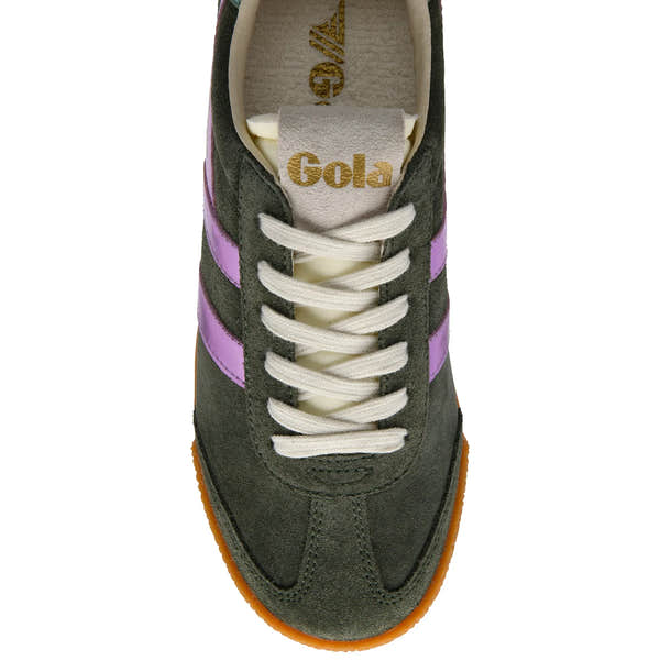 Gola CLB790 Elan Glitz ladies' dark khaki, lilac, and green mist leather and textile lace-up trainers with orange outsole.