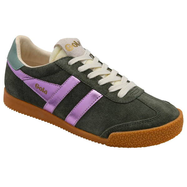Gola CLB790 Elan Glitz women's dark khaki, lilac, and green mist leather and textile lace-up trainers with gum sole.