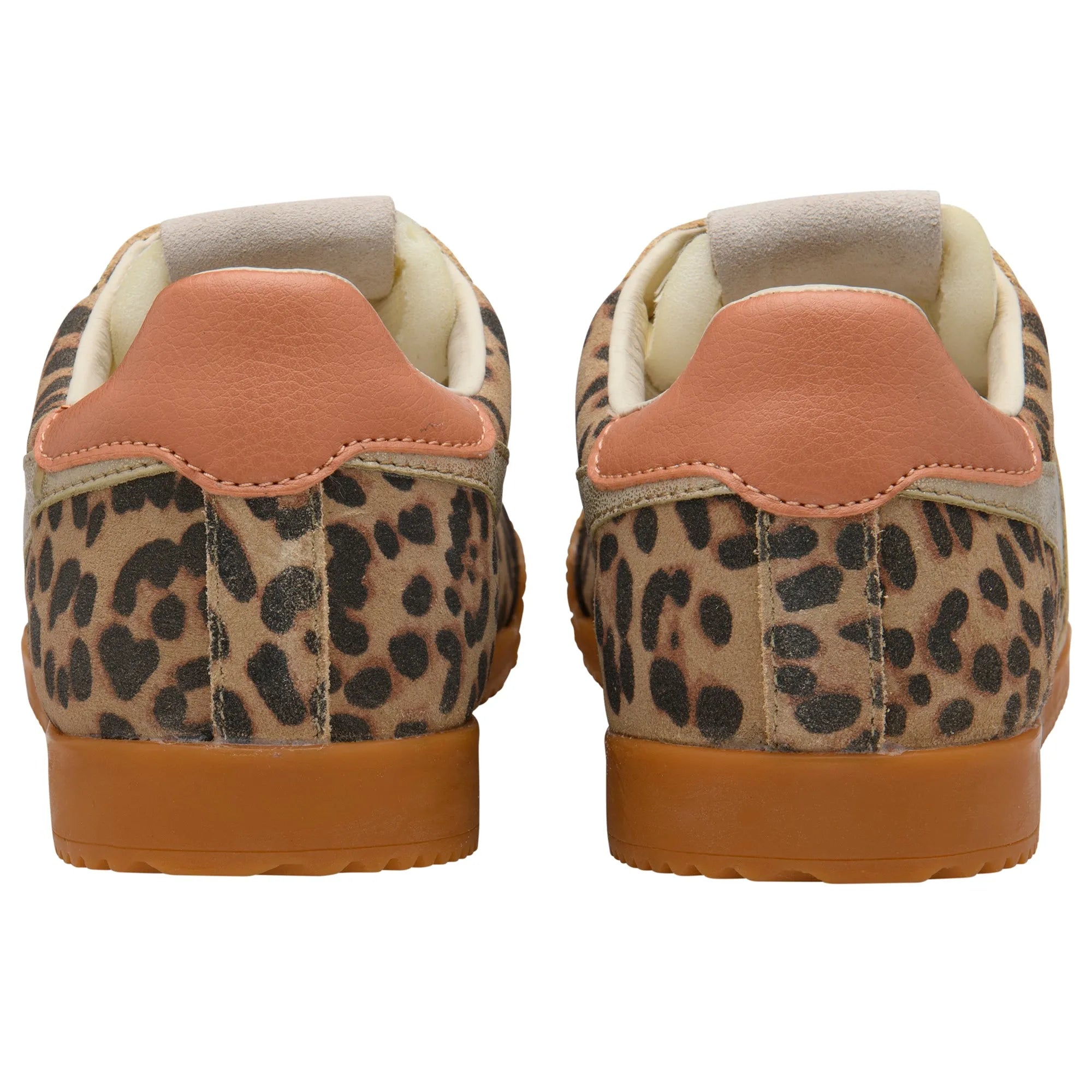 Gola CLB866 Elan Safari Lady's Leopard, Mocha, Gold, Terracotta Leather & Textile Lace-Up Trainers, rear view.