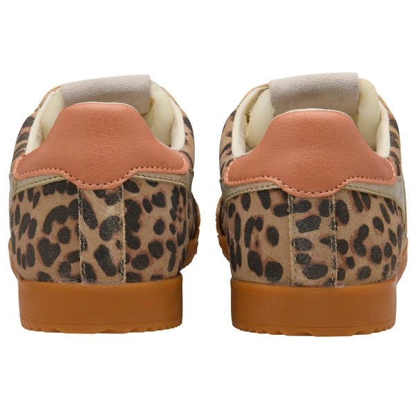 Gola CLB866 Elan Safari Lady's Leopard, Mocha, Gold, Terracotta Leather & Textile Lace-Up Trainers, rear view.