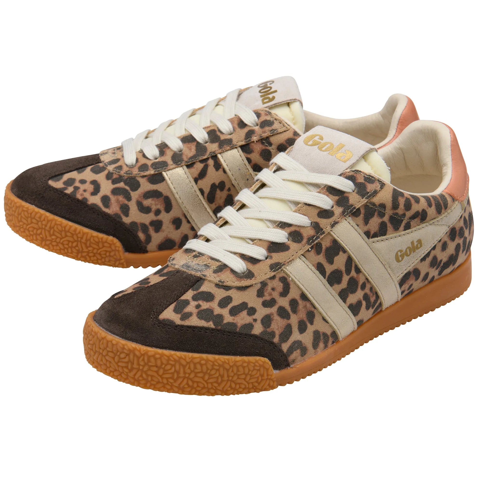 Gola CLB866 Elan Safari leopard print ladies trainers with mocha, gold, terracotta leather and textile, lace-up style.